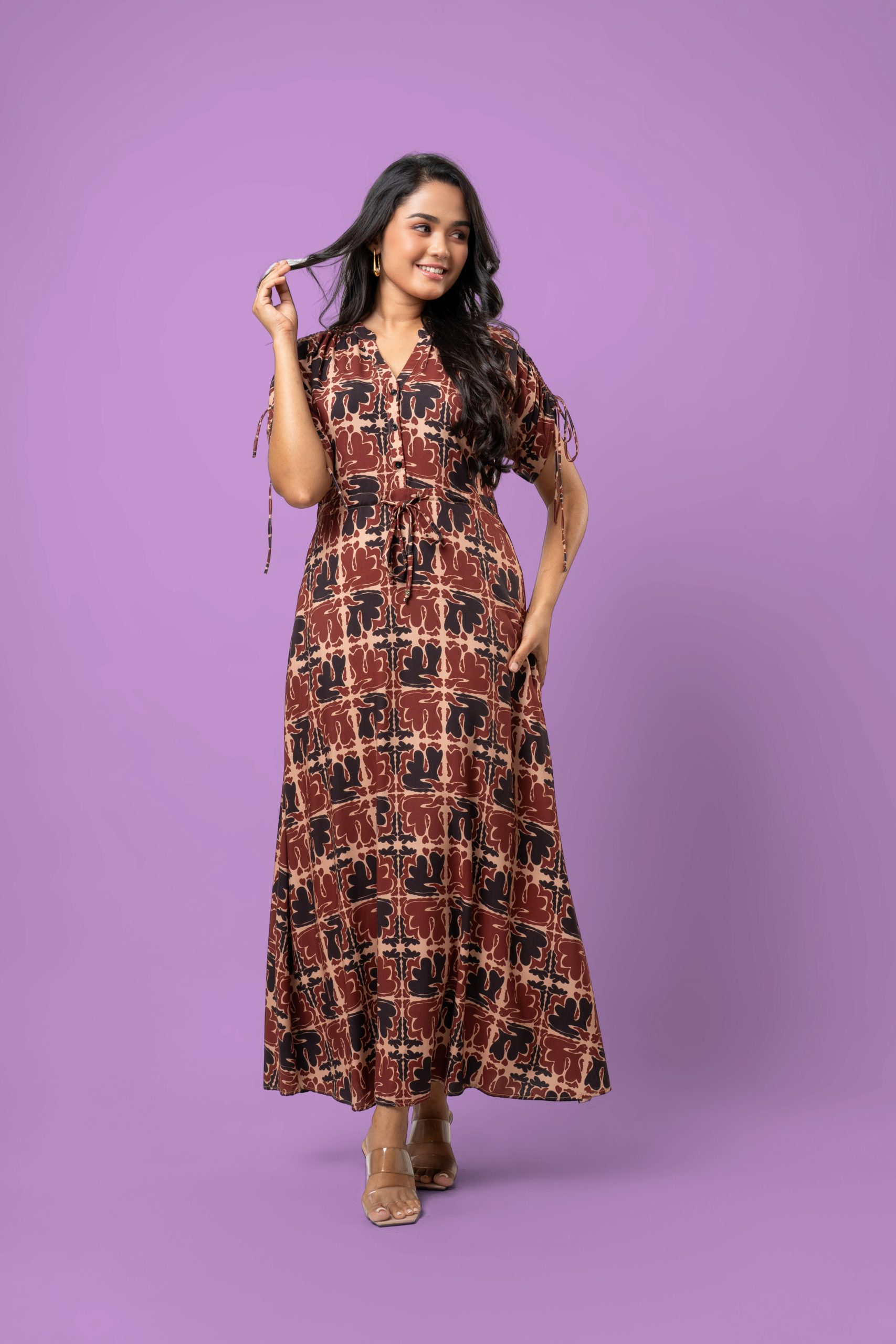 Front and Sleeves Tie-Up Detail Maxi Dress - Image 3