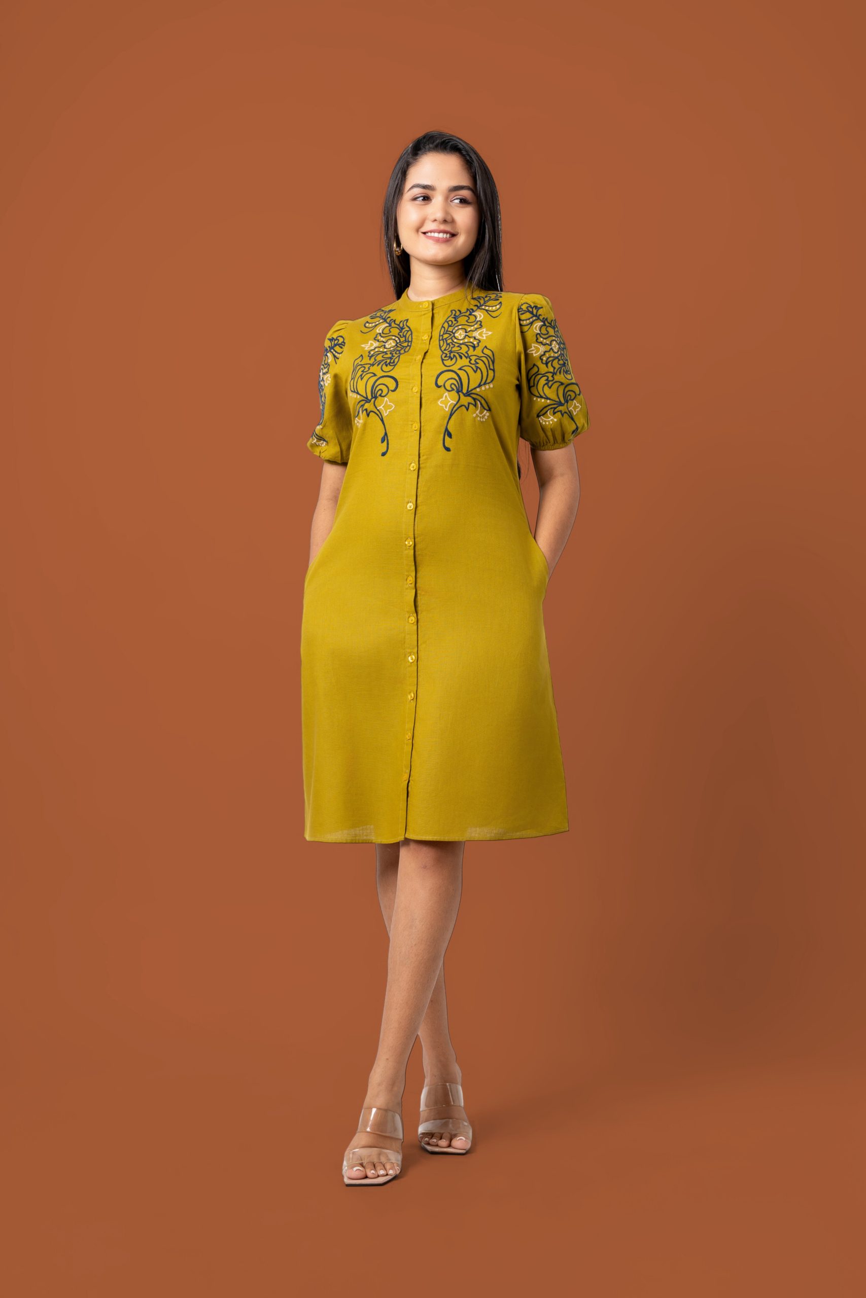 Embroidered Puff Sleeve Short Dress - Image 3