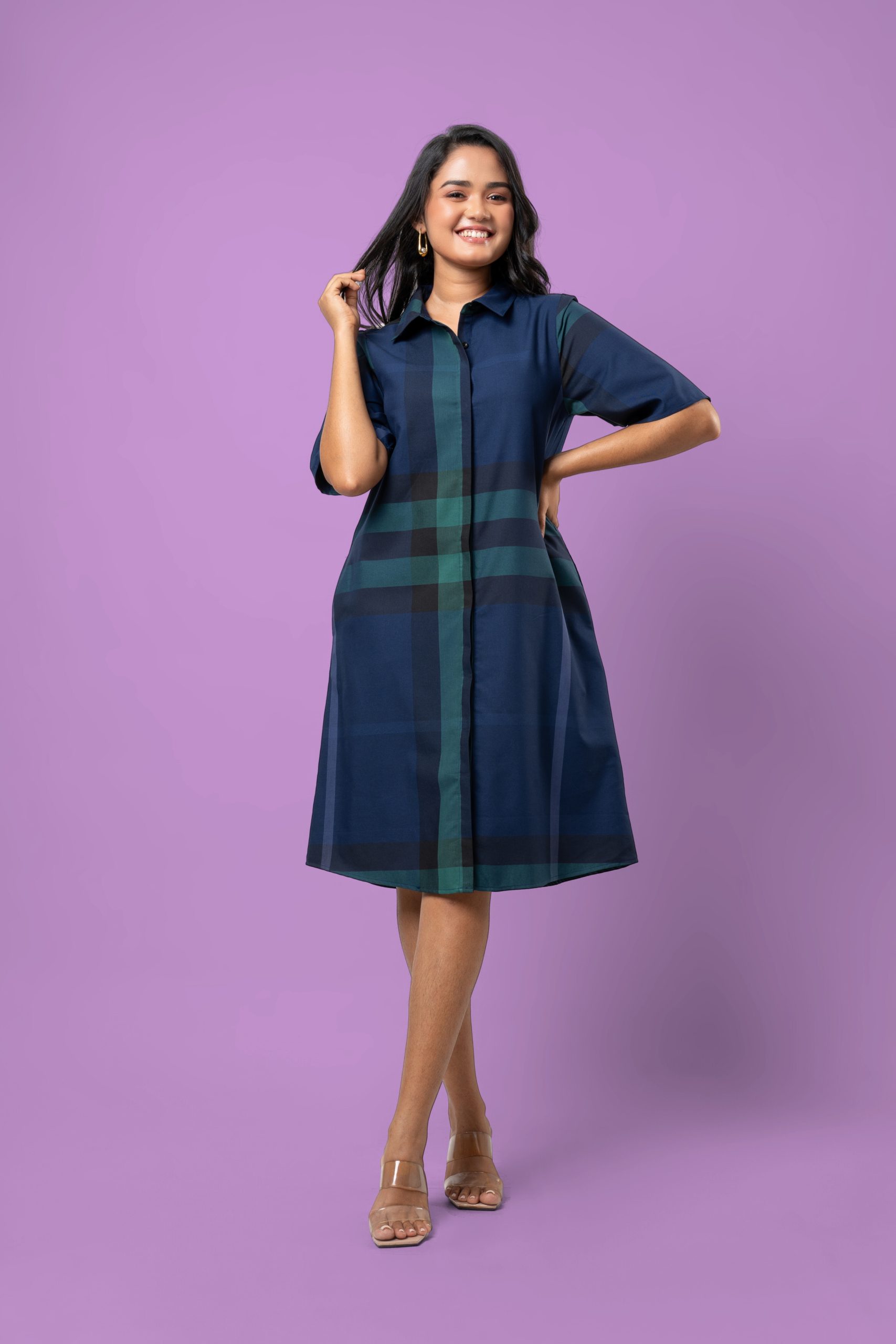 Plaid Patterned Button-Down Short Dress - Image 4