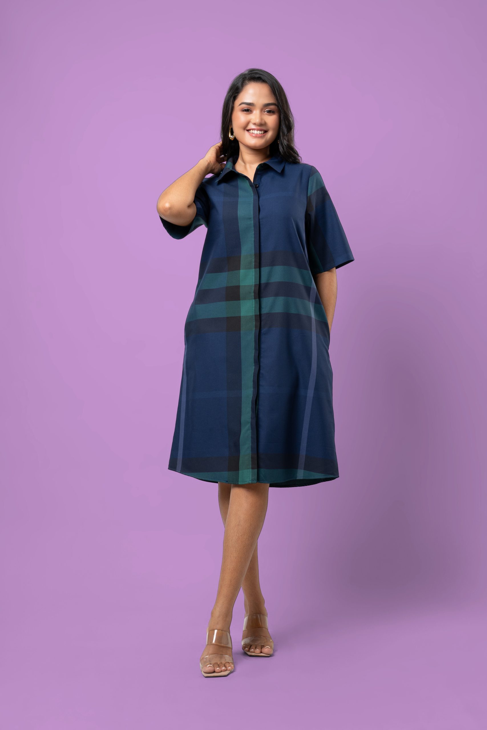 Plaid Patterned Button-Down Short Dress - Image 2