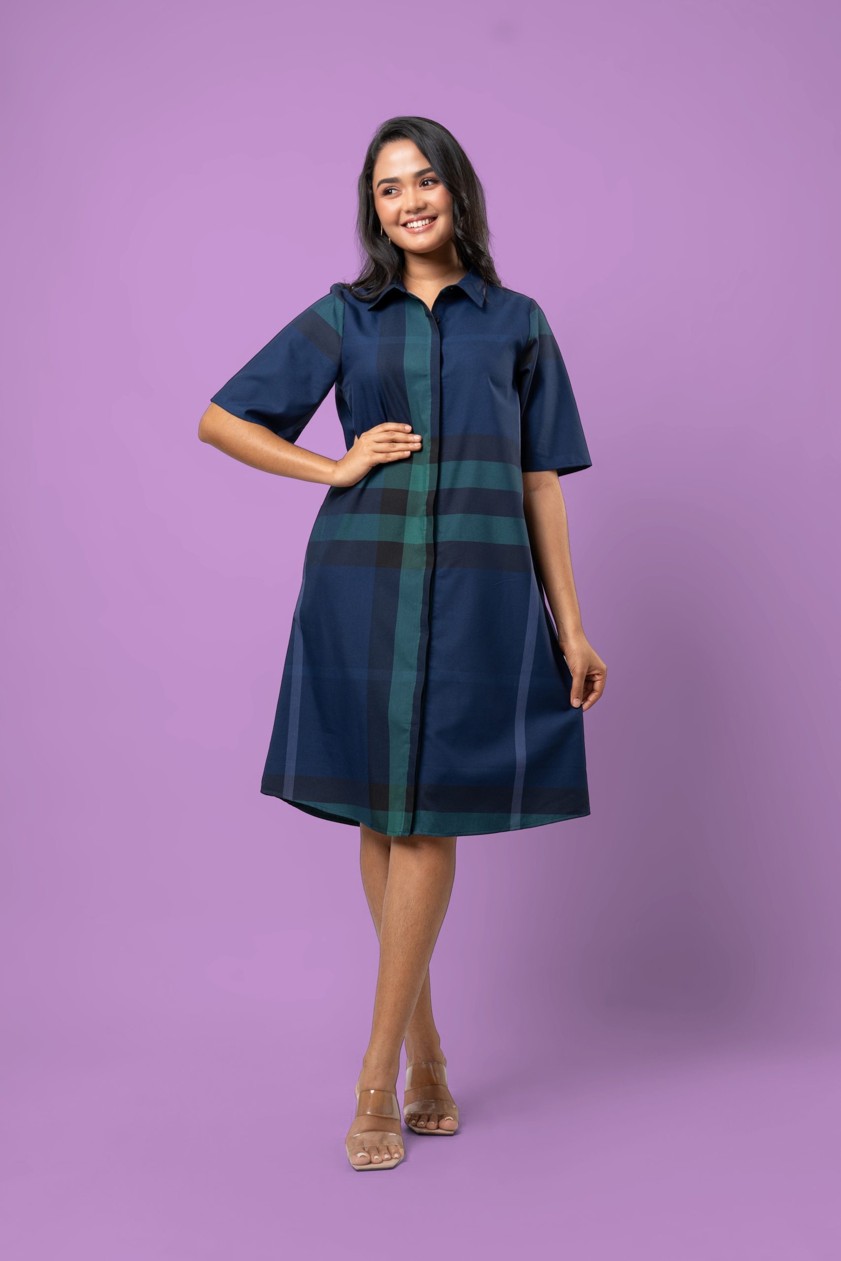 Plaid Patterned Button-Down Short Dress - Image 3