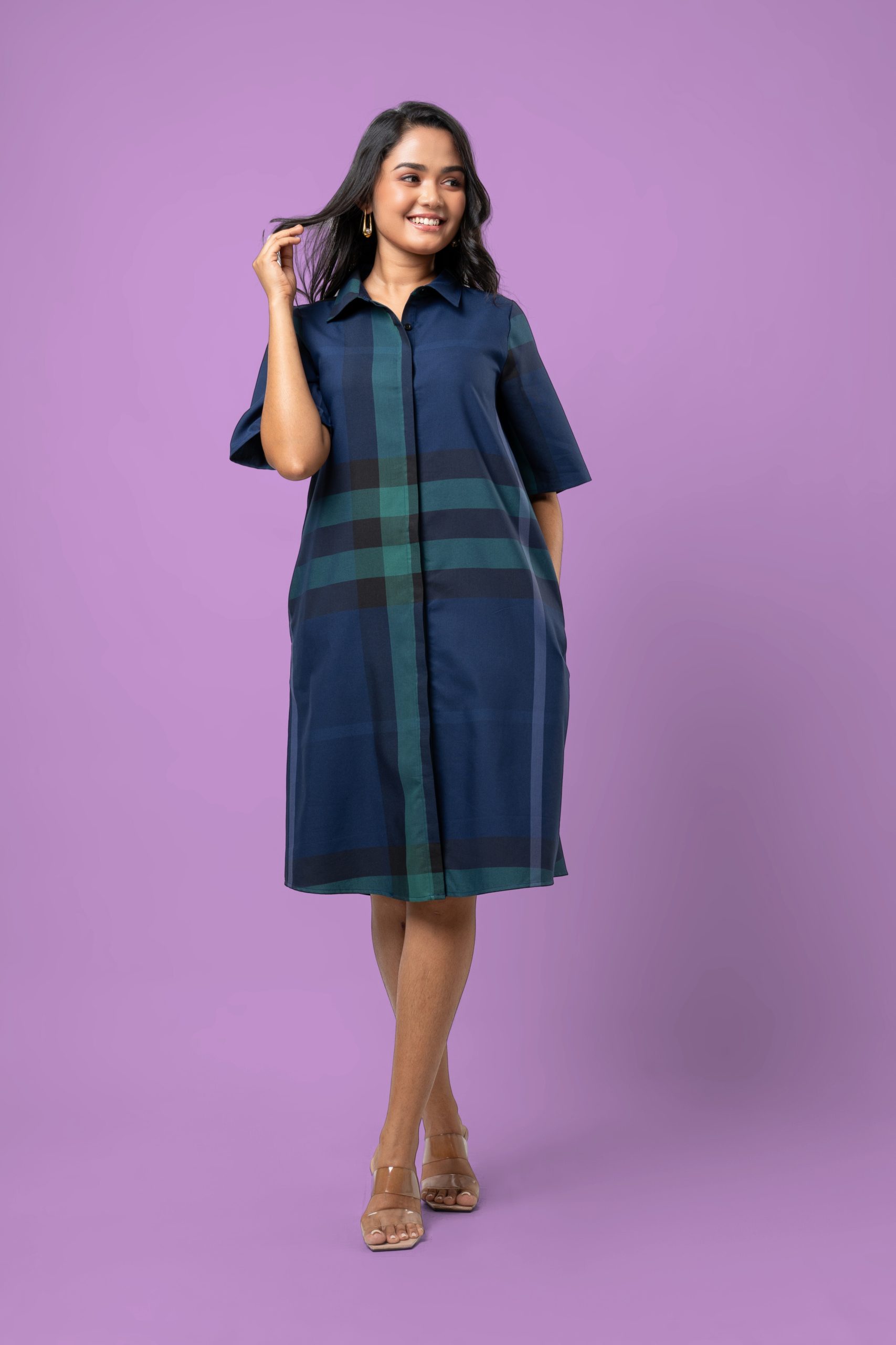 Plaid Patterned Button-Down Short Dress - Image 5