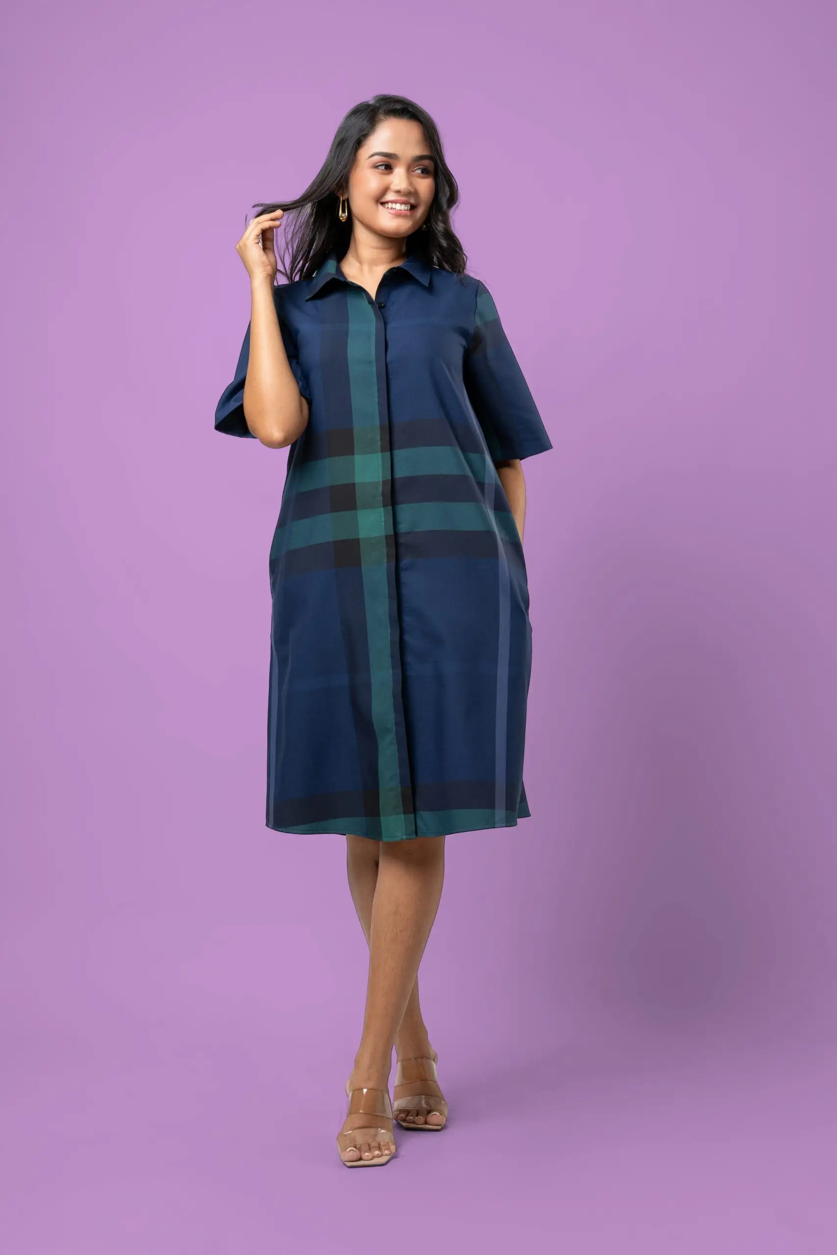 Plaid Patterned Button-Down Short Dress - Image 5