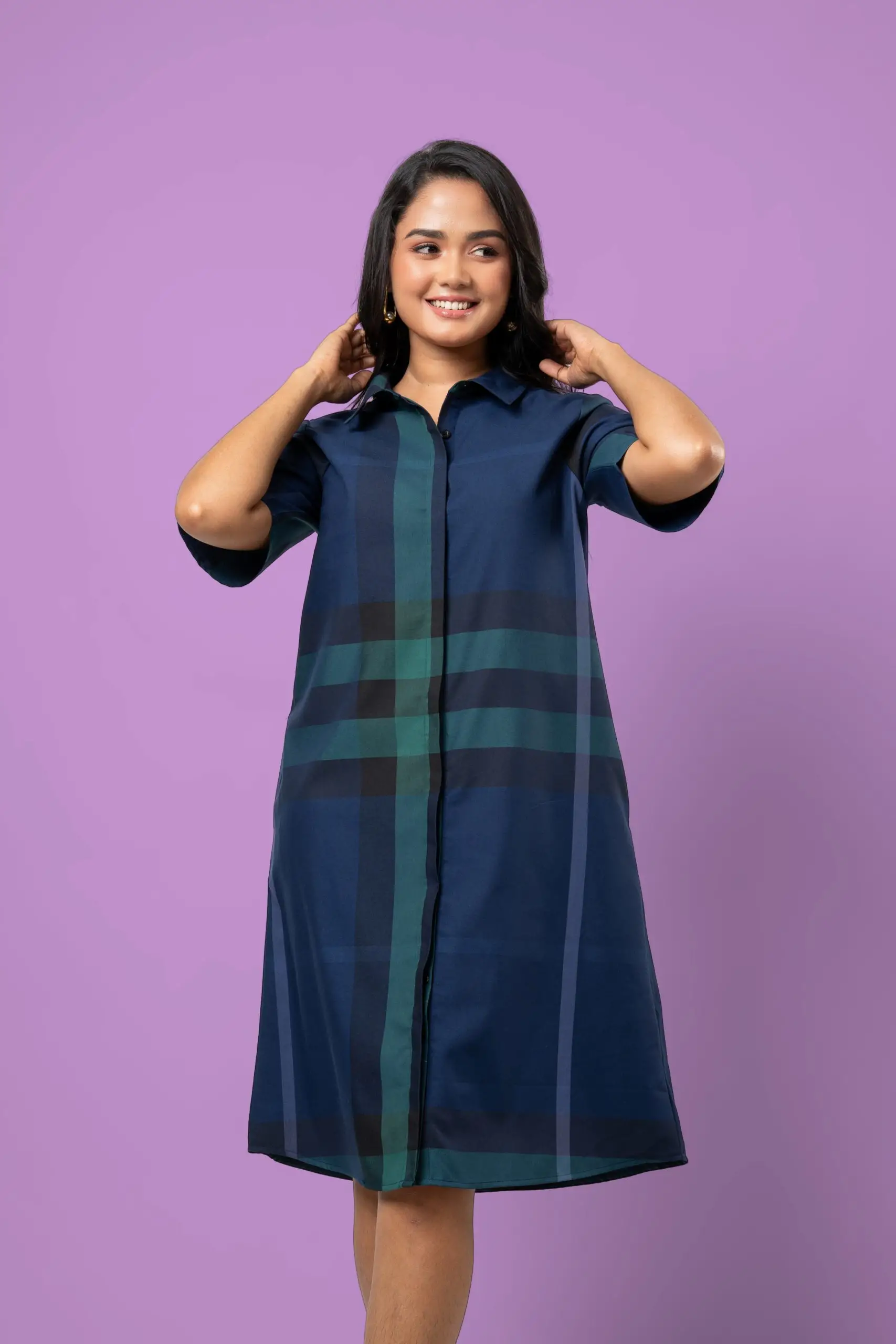 Plaid Patterned Button-Down Short Dress