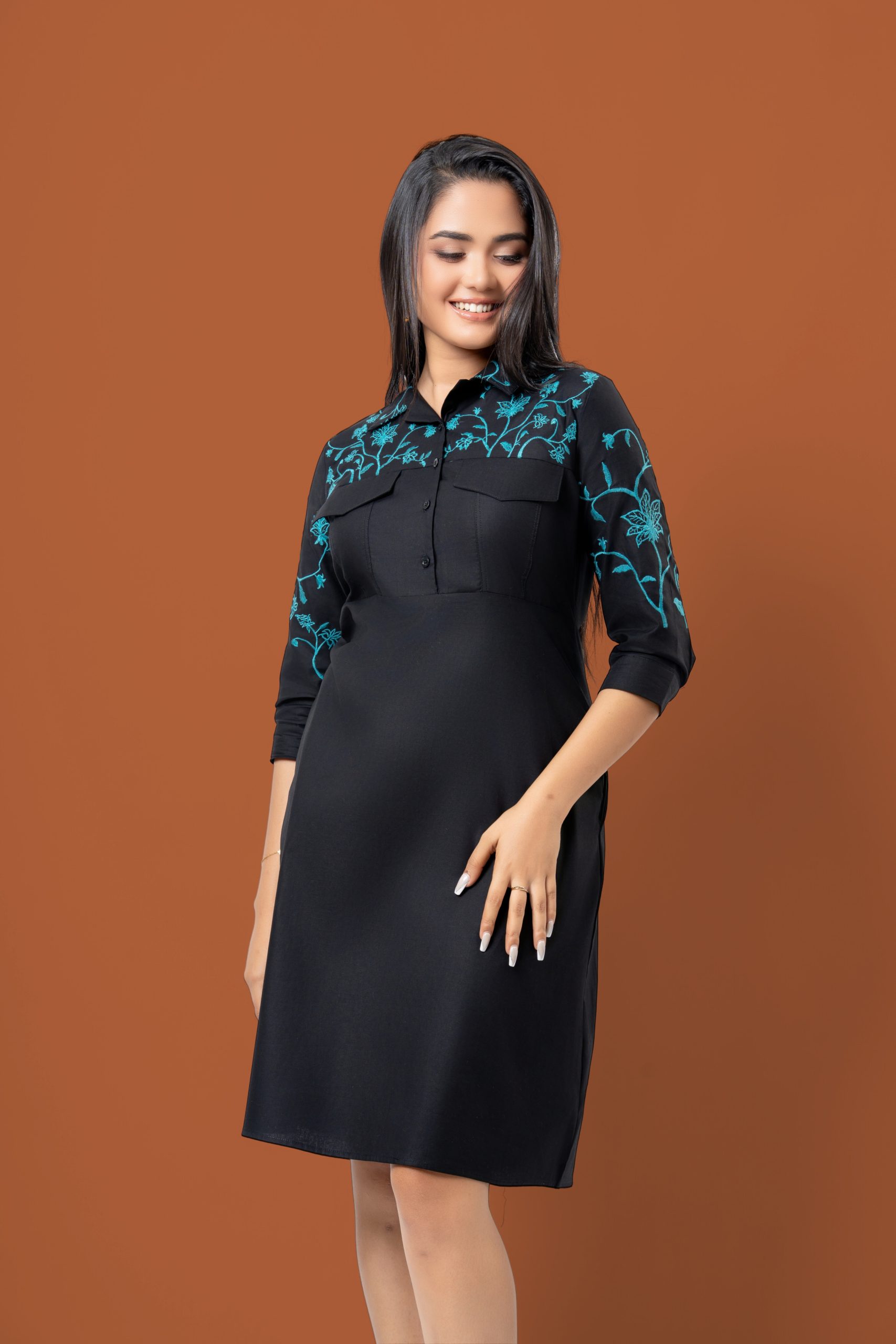 Flap Detail Embroidered Short Shirt Dress - Image 2