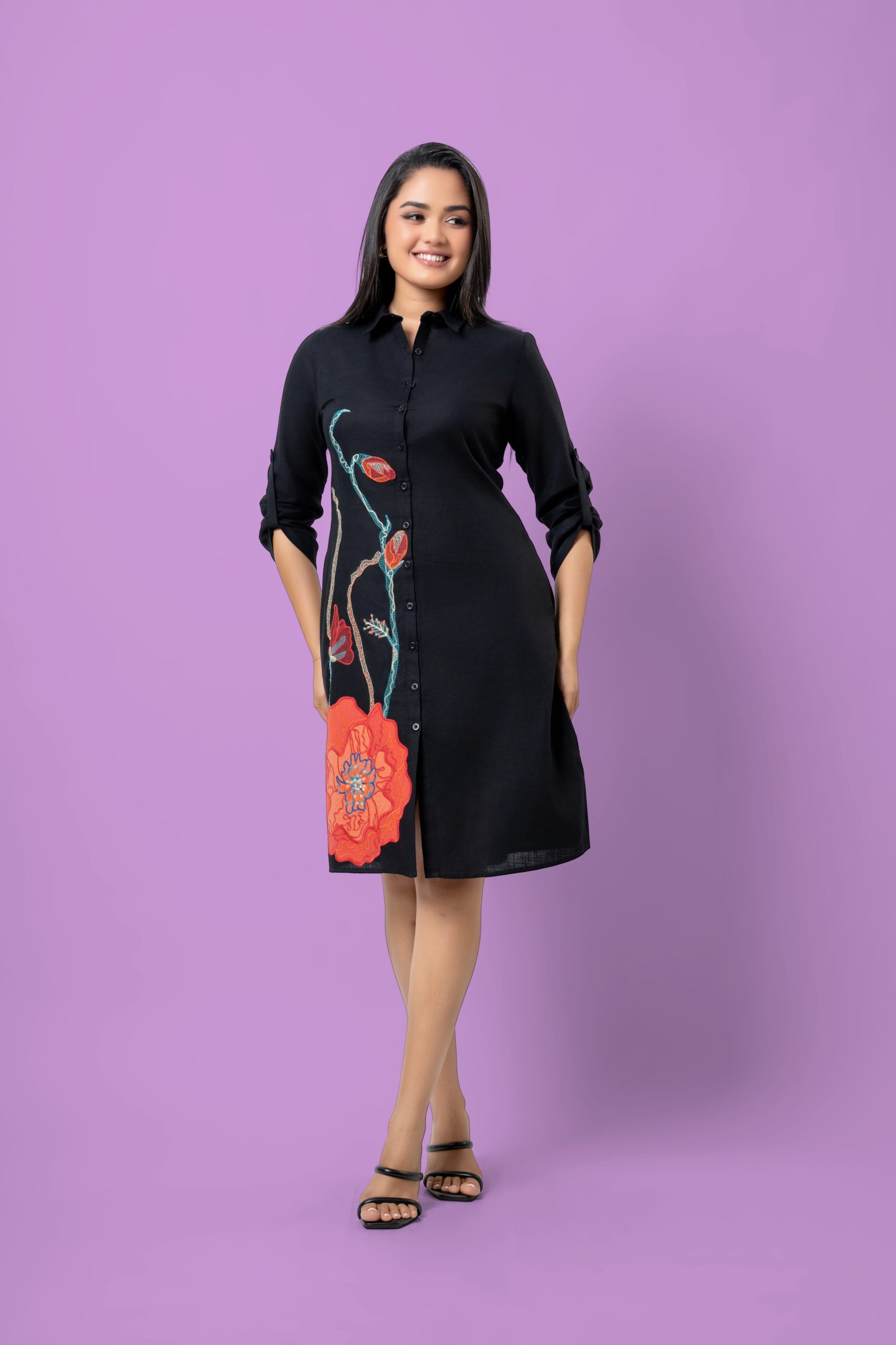 Floral Embroidery and Applique Detail Short Dress - Image 5