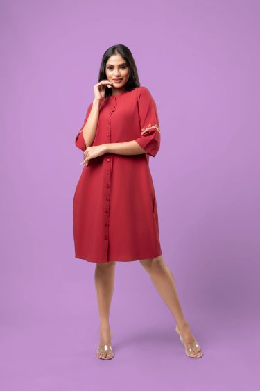 Embroidered Button-Down Short Dress