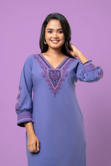 Embroidered V Neck Puff Sleeve Midi Dress