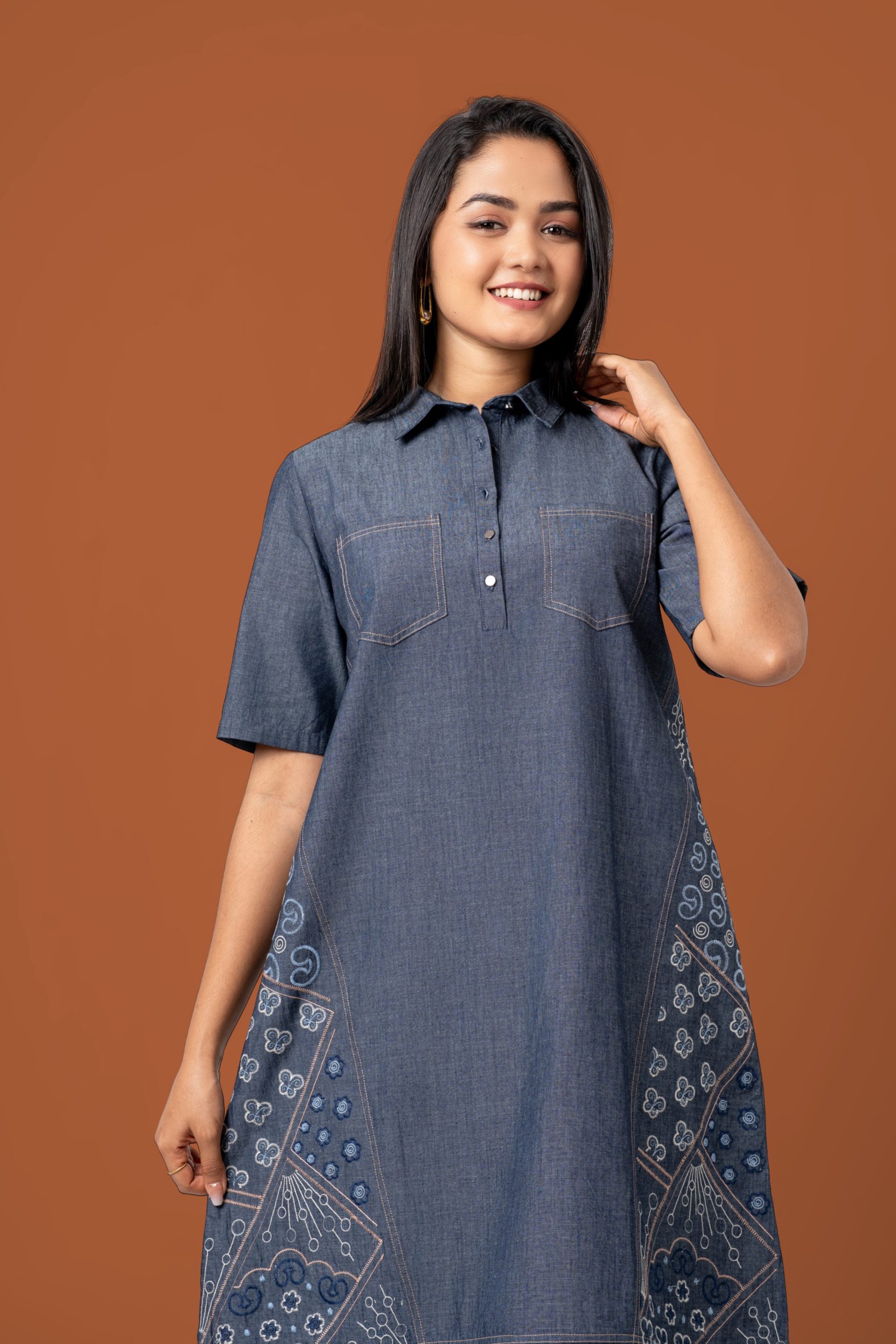 Embroidery Detail Collared Short Dress - Image 5