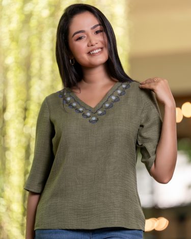 Embroidery Detail V-Neck Blouse