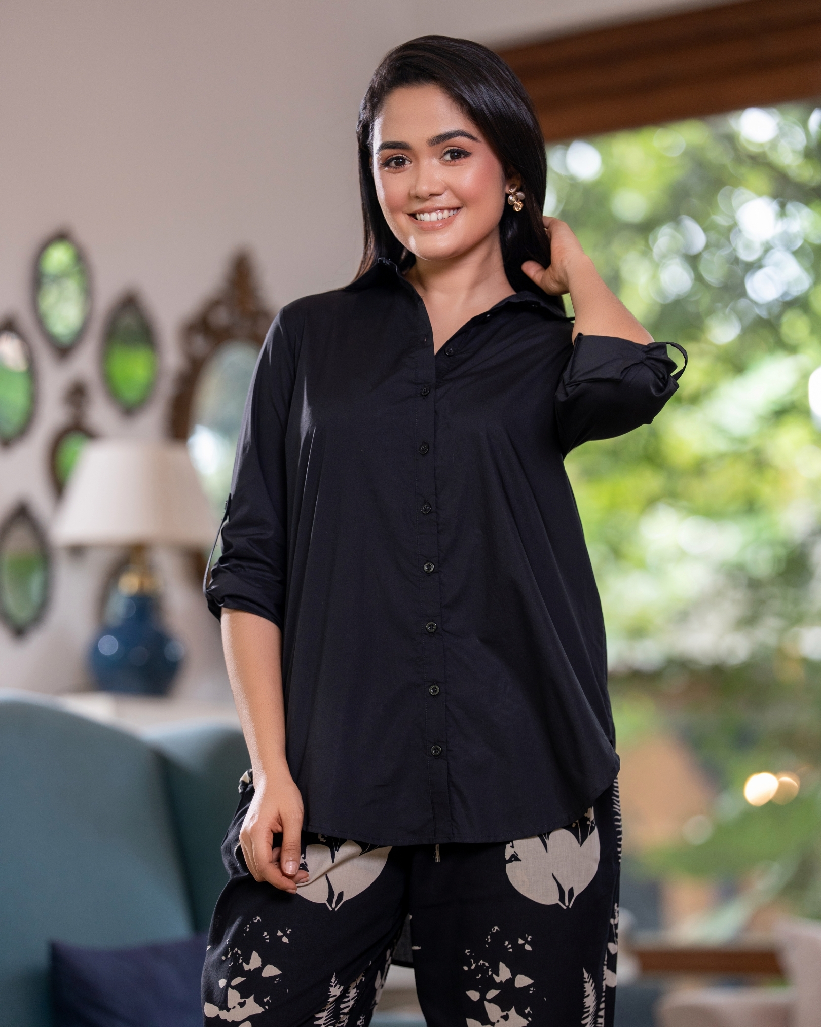 Tab Detail Button Down Long Shirt