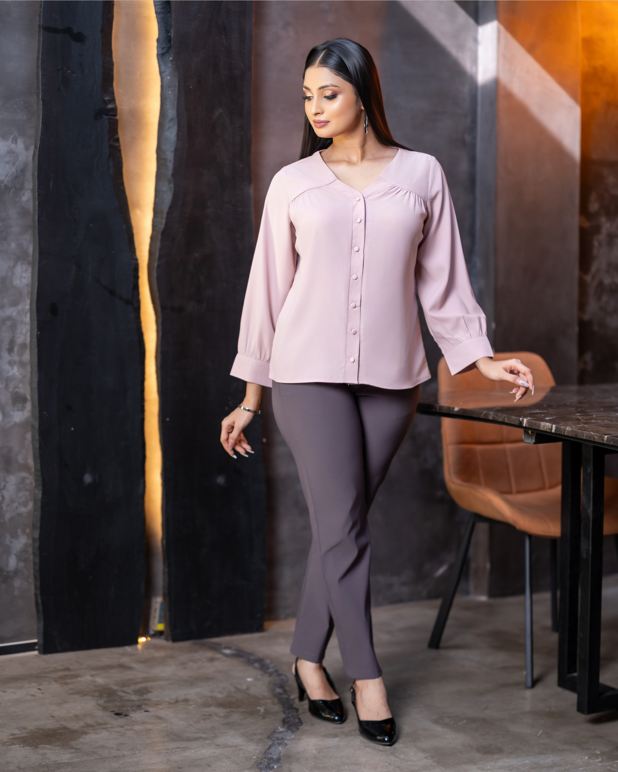 V-Neck Front Yoke Gathered Button-down Top - Image 5