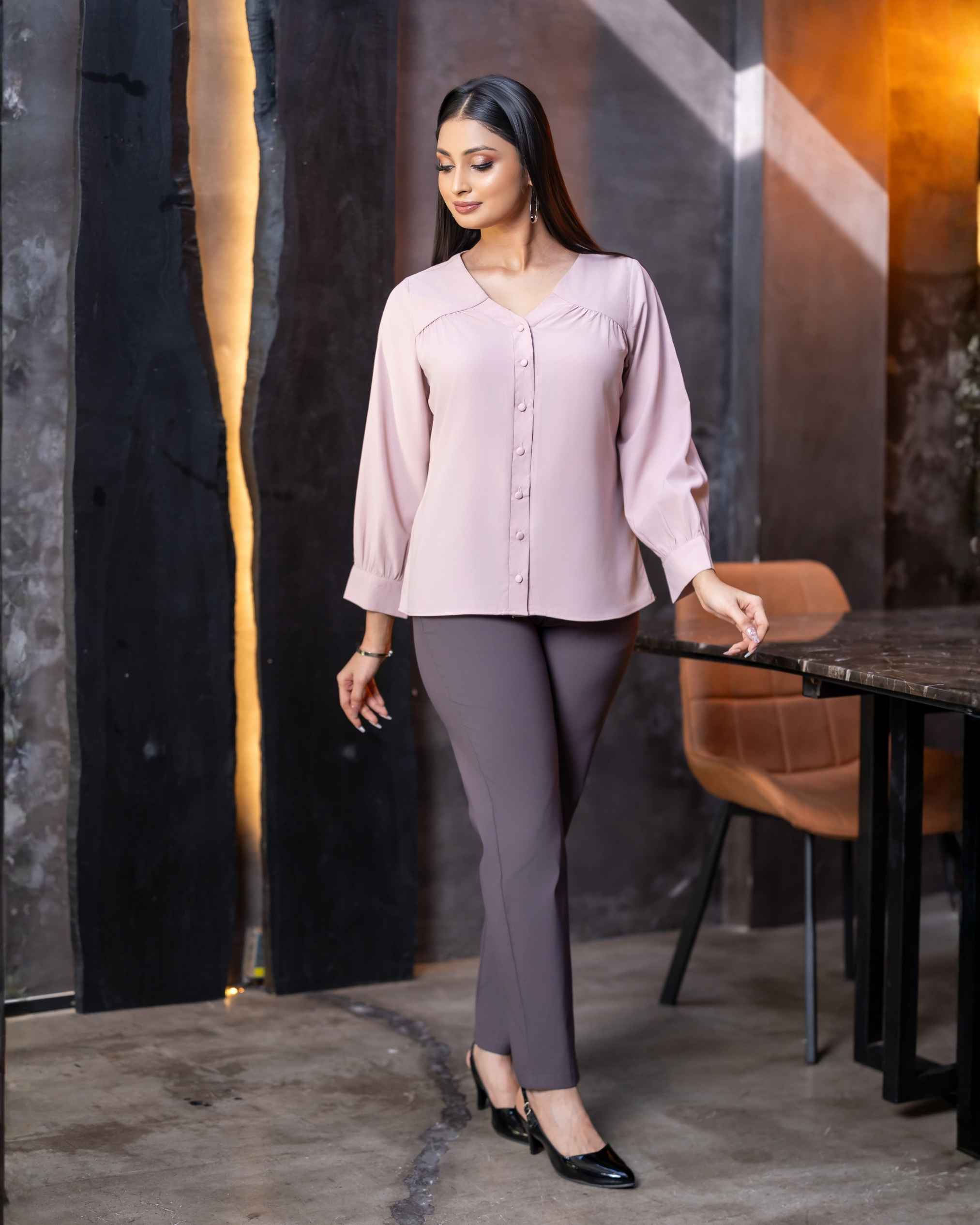 V-Neck Front Yoke Gathered Button-down Top - Image 4