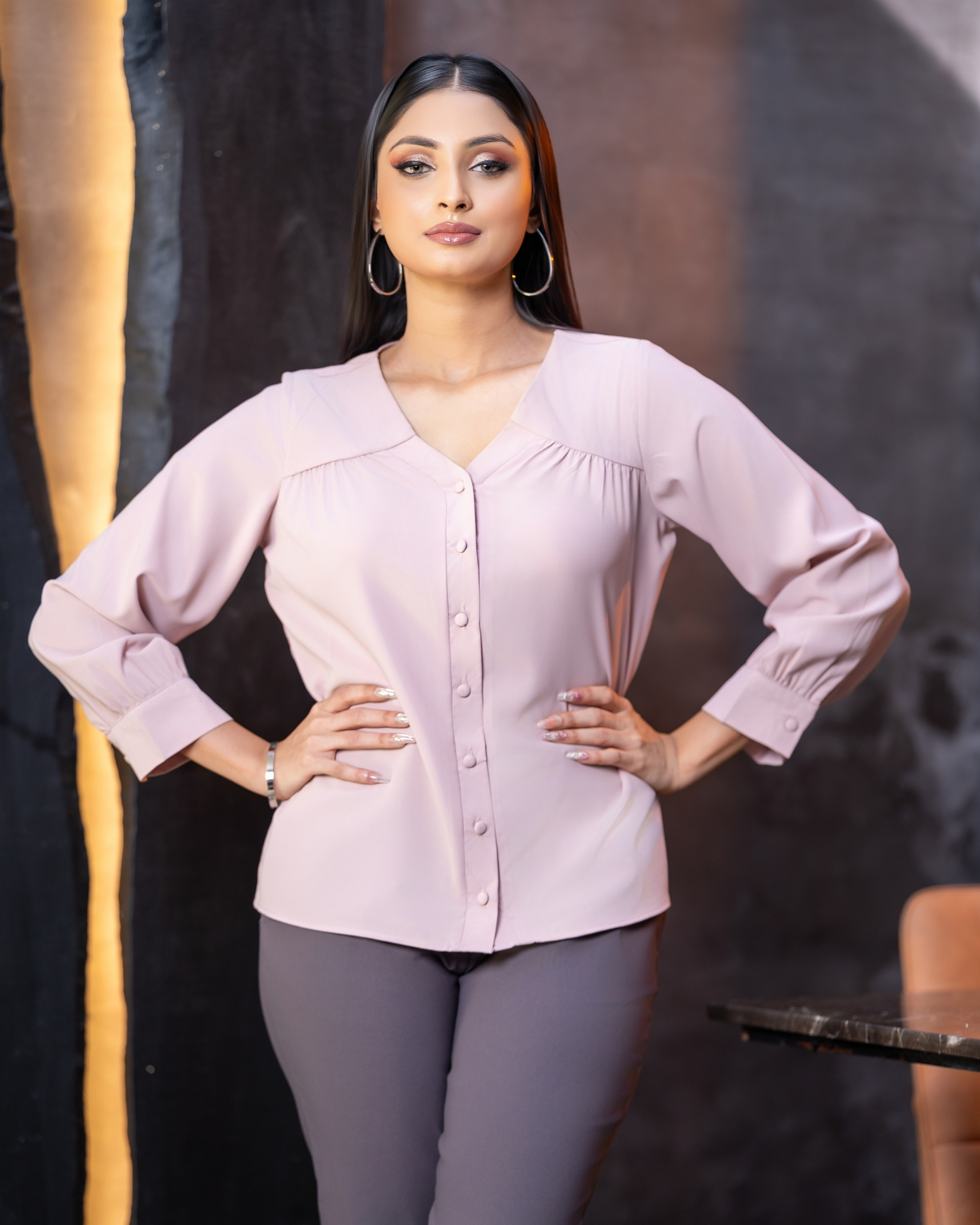 V-Neck Front Yoke Gathered Button-down Top - Image 3