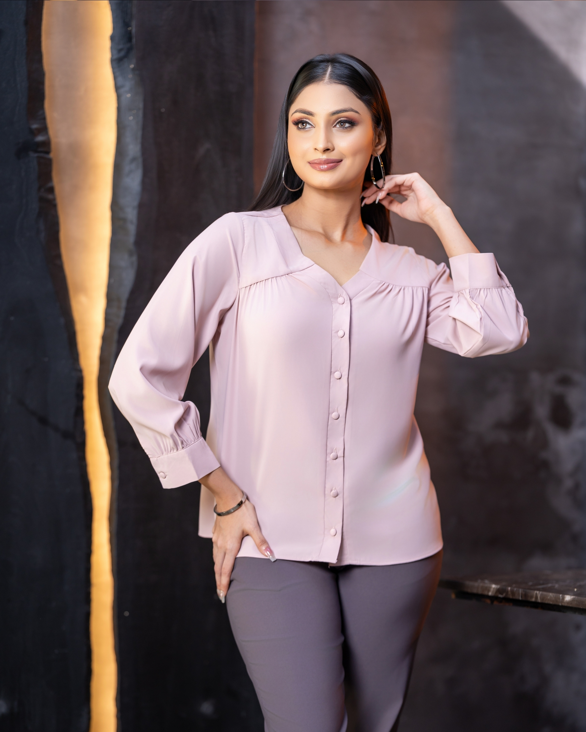 V-Neck Front Yoke Gathered Button-down Top - Image 2