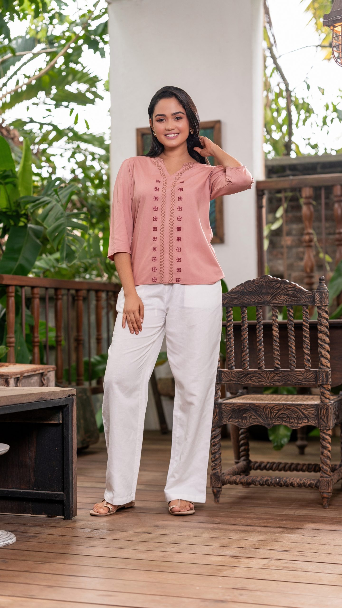 Geometric Embroidery Gathered Sleeve Top - Image 4