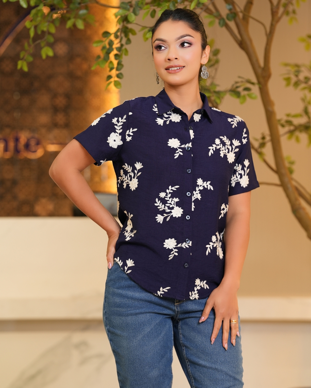 All-Over Floral Embroidered Short Sleeved Shirt Blouse - Image 2