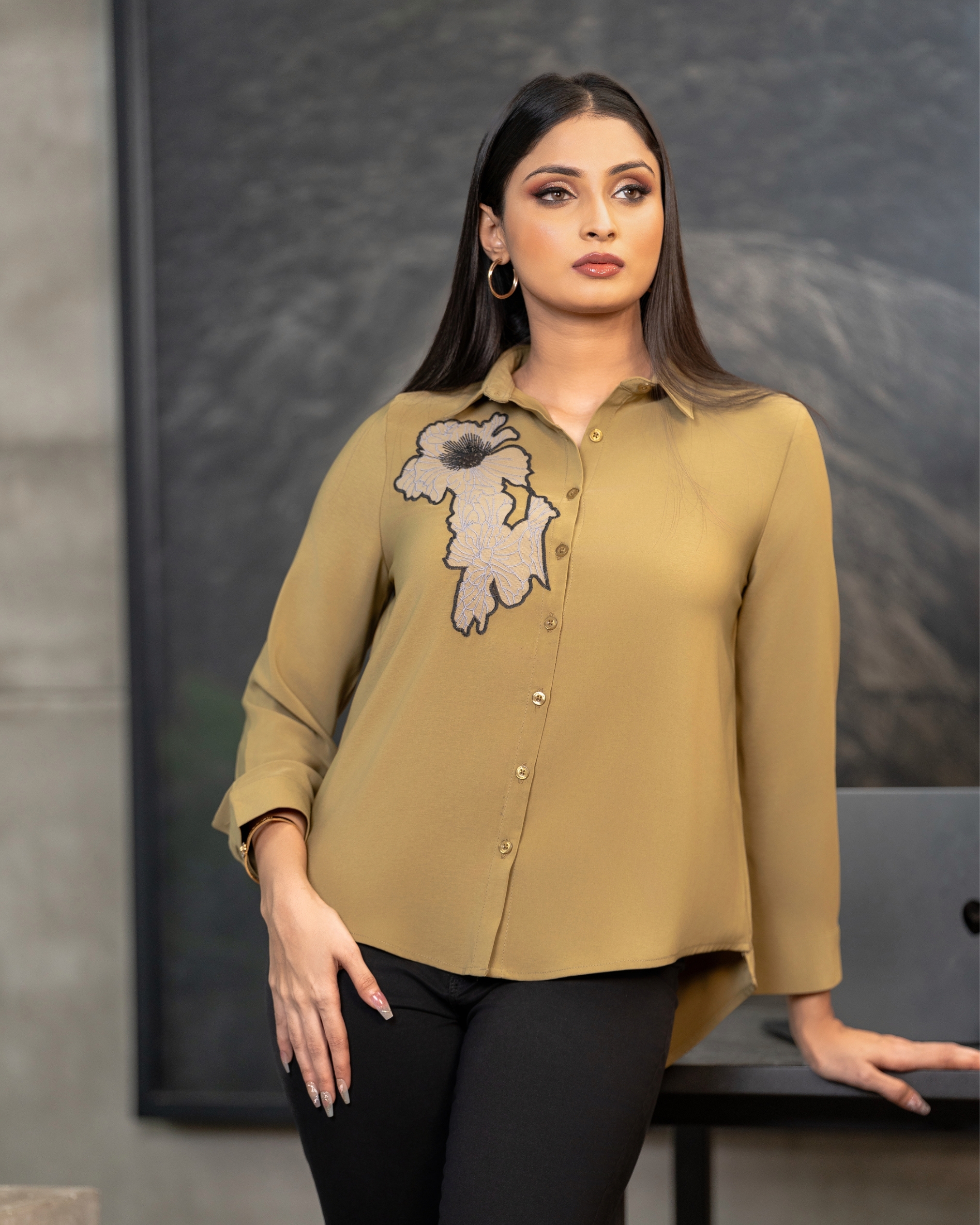 Floral Embroidery Detail Shirt Blouse - Image 2