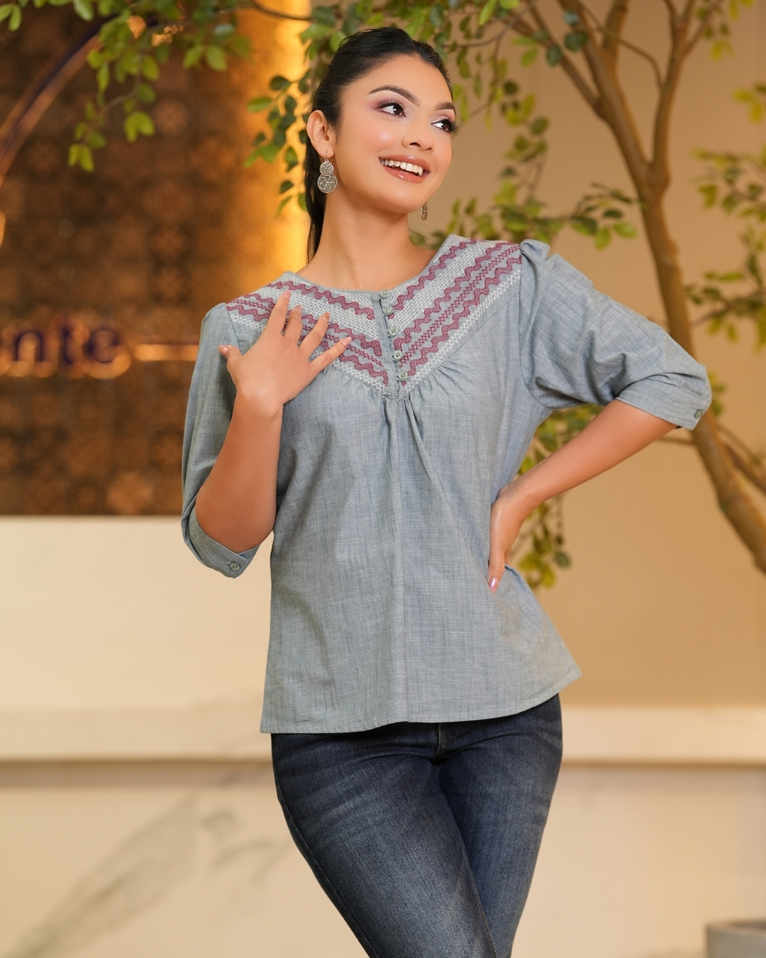 Embroidered V-Yoke Button-Down Blouse - Image 2