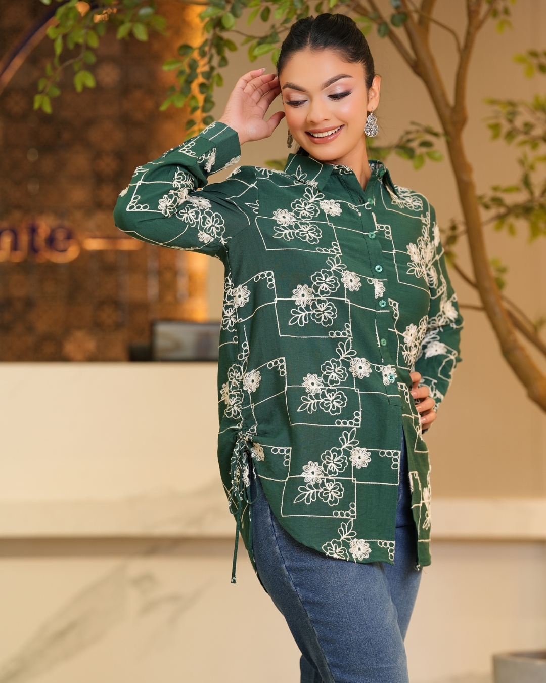 Floral Embroidery Detail Long Shirt Blouse - Image 2