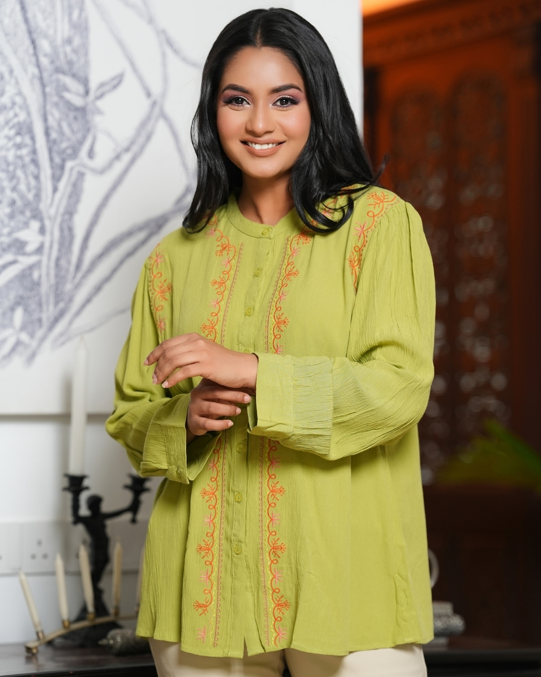 Gathered Long Sleeve Chinese Collar Embroidery Top