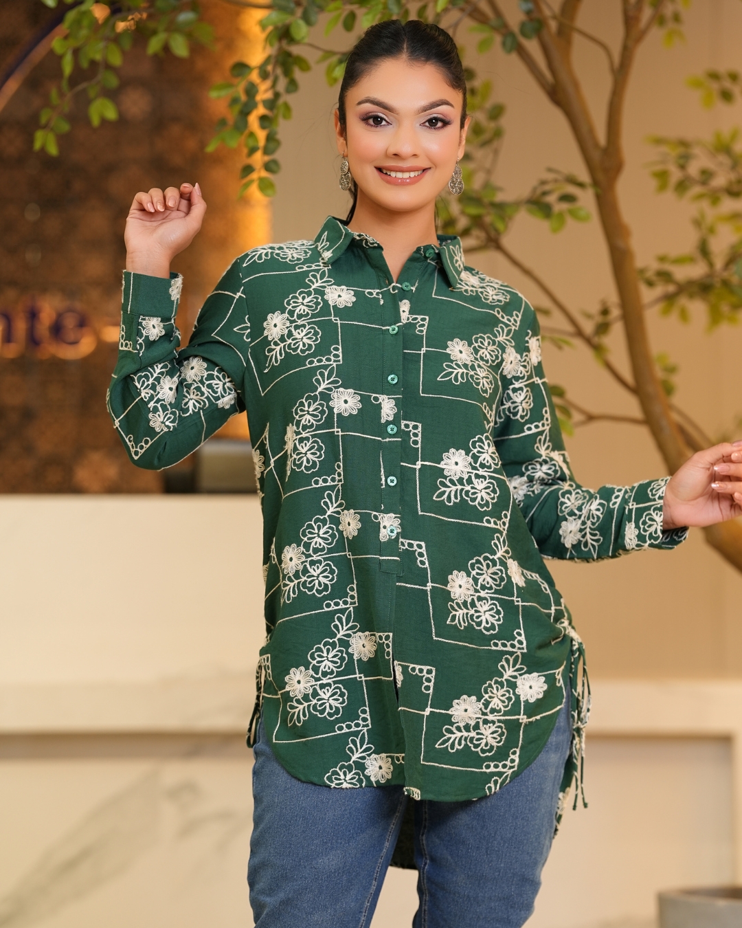 Floral Embroidery Detail Long Shirt Blouse - Image 3