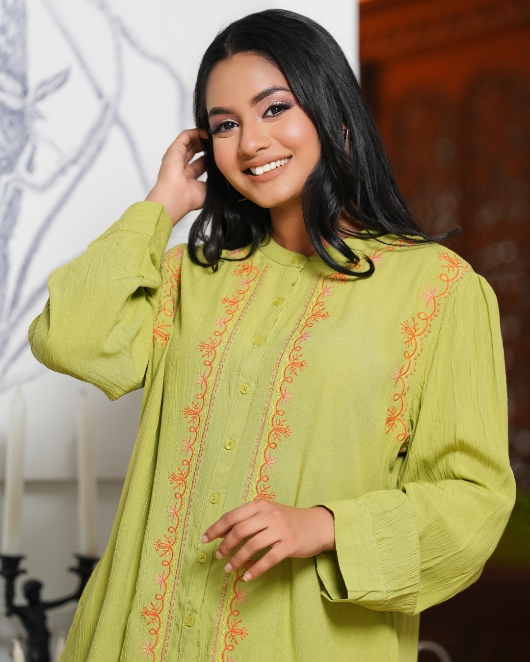 Gathered Long Sleeve Chinese Collar Embroidery Top - Image 2