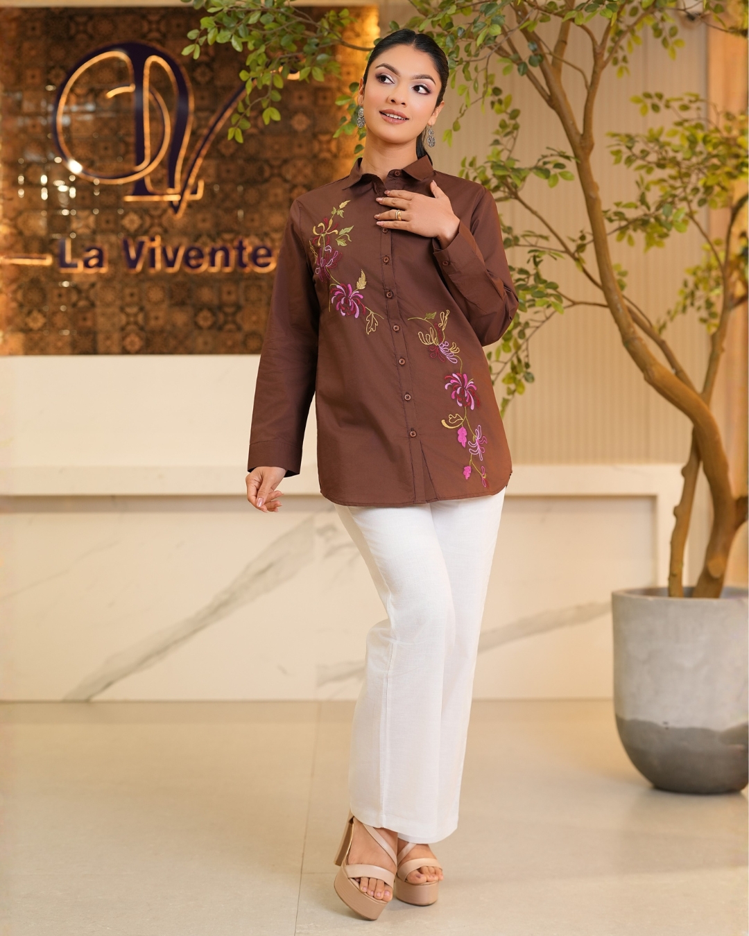 Floral Embroidery Detail Shirt Blouse - Image 3