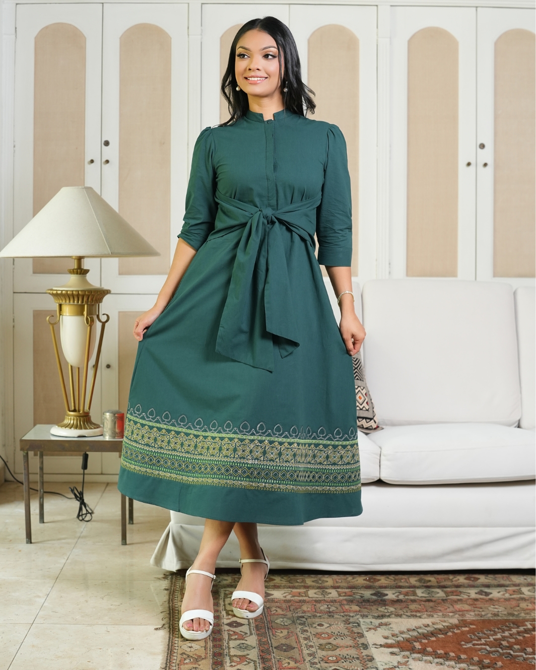 Waist Belt Detail Embroidered Midi Dress - Image 5