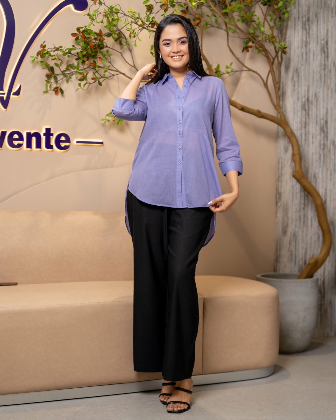 Textured High-Low Button Up Shirt Blouse - Image 5