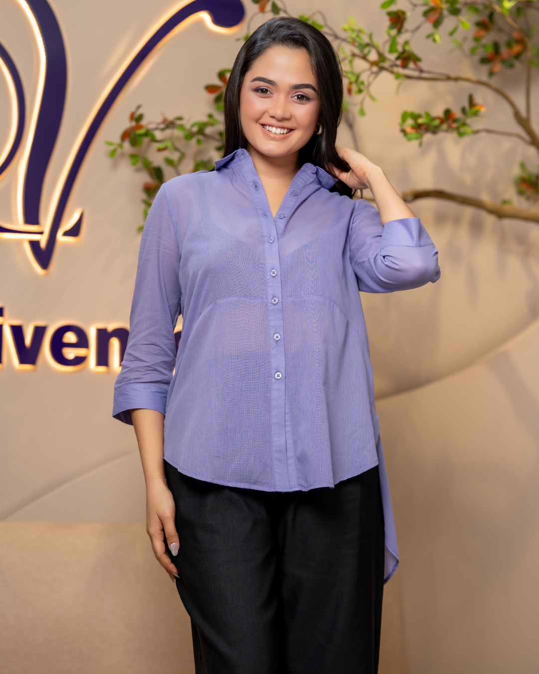 Textured High-Low Button Up Shirt Blouse - Image 2