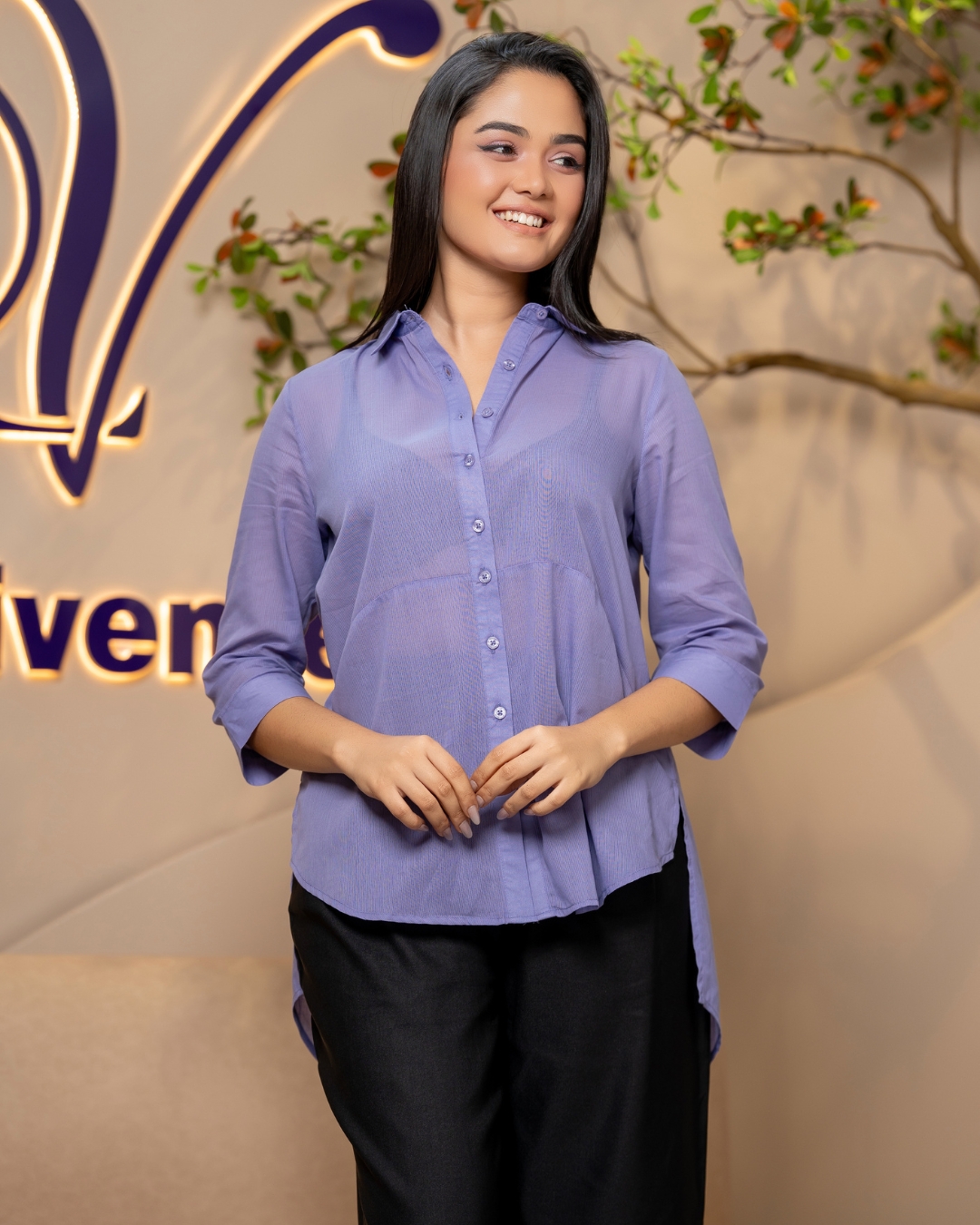 Textured High-Low Button Up Shirt Blouse - Image 3