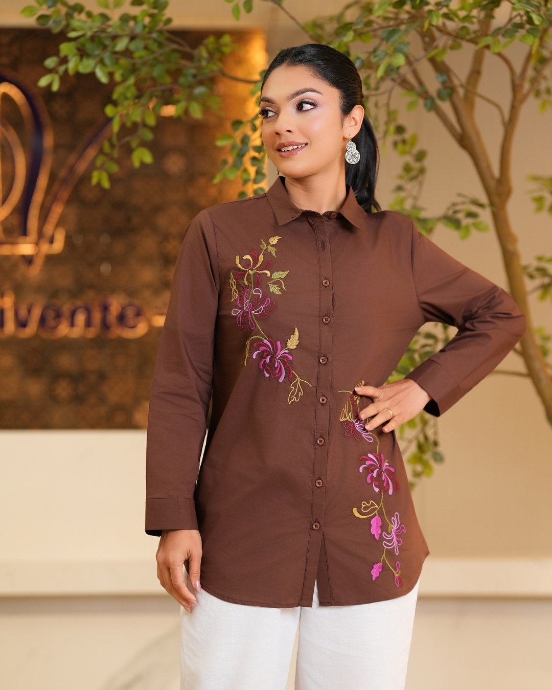 Floral Embroidery Detail Shirt Blouse - Image 2
