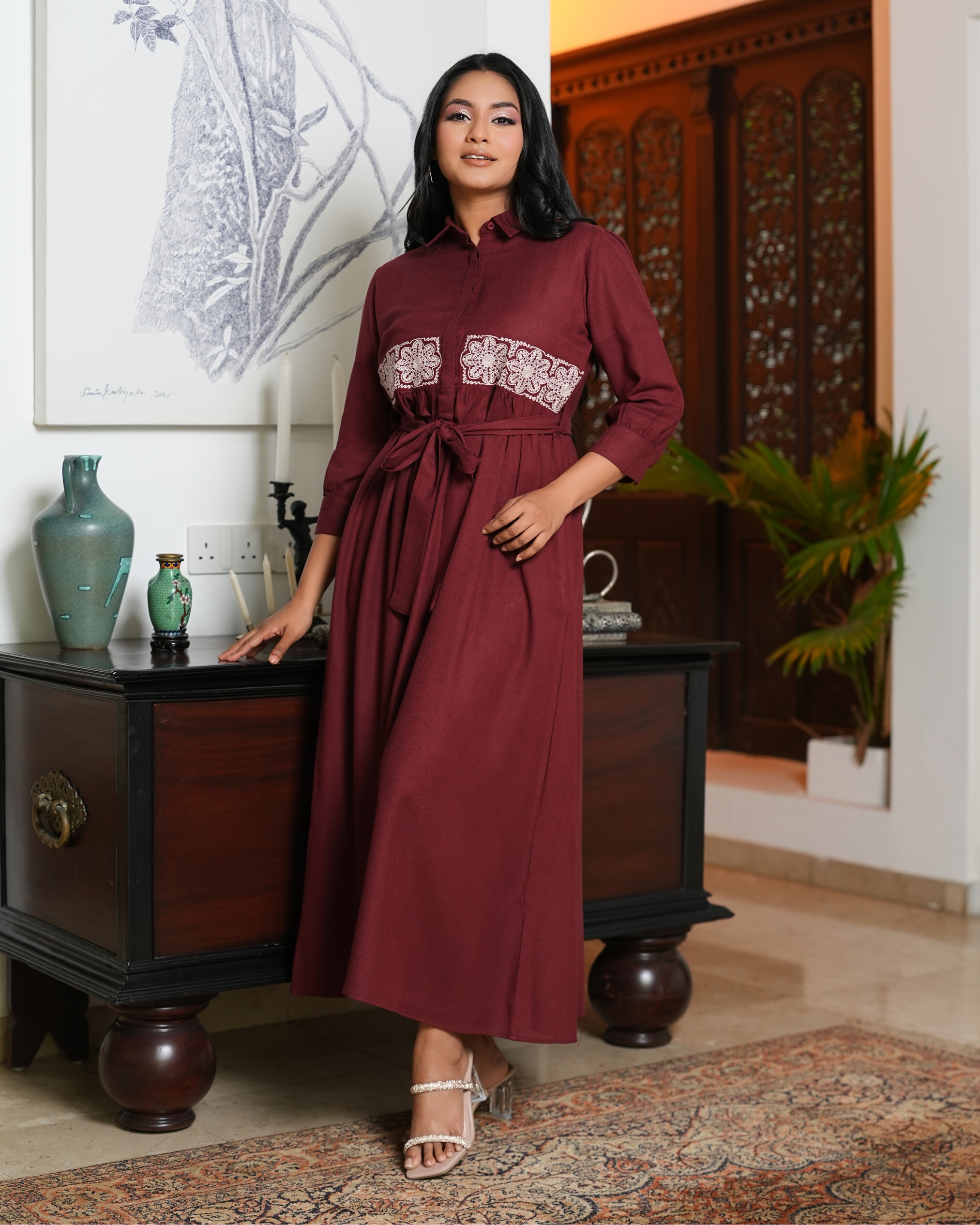 Embroidery Detail Belted Maxi Shirt Dress - Image 5