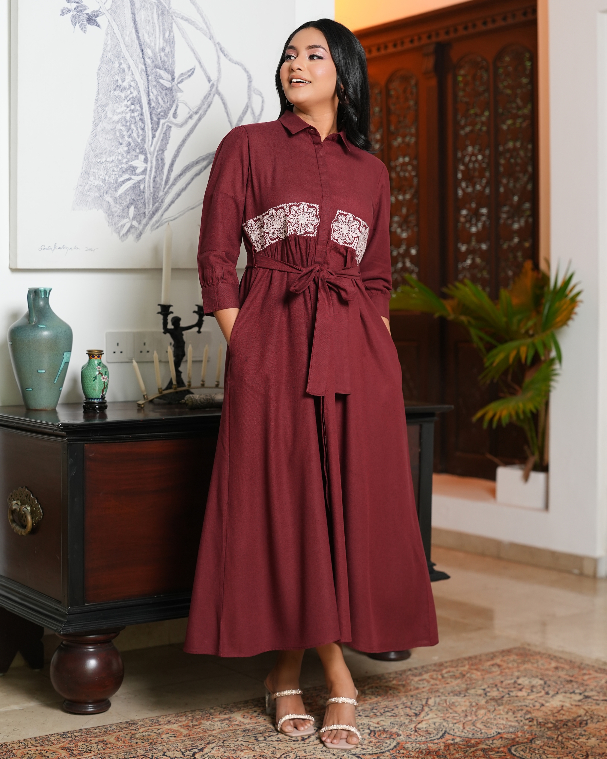 Embroidery Detail Belted Maxi Shirt Dress - Image 4