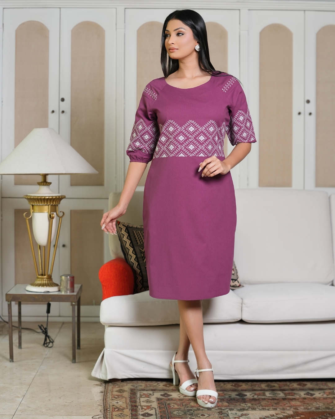 Geometric Embroidery Detail Short Dress - Image 4