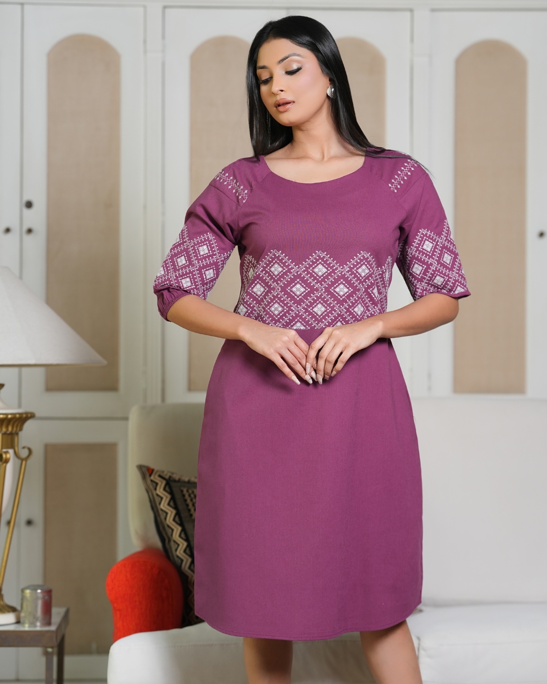 Geometric Embroidery Detail Short Dress - Image 3