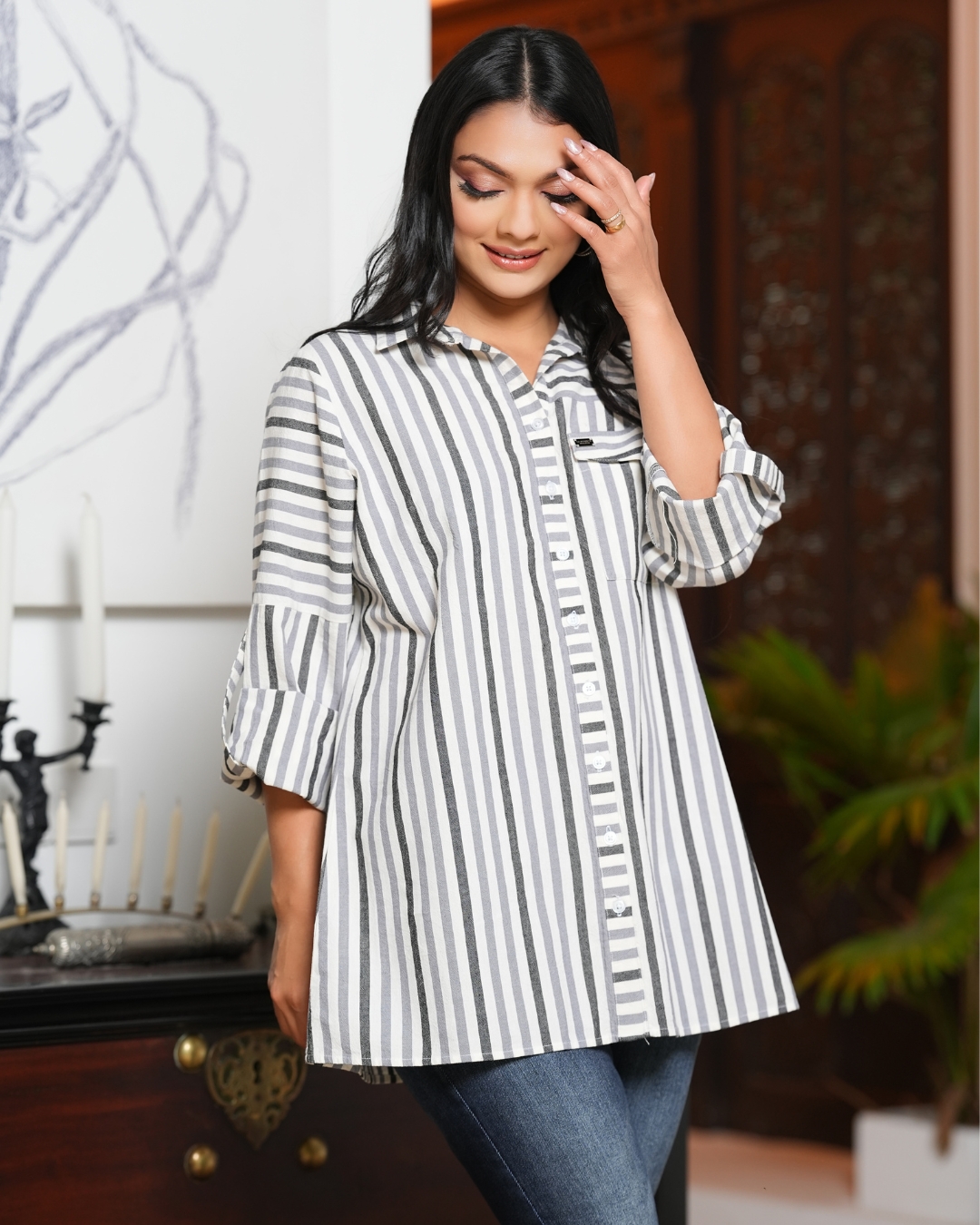 Relaxed Logo Detail Stripe Patterned Shirt Blouse - Image 2