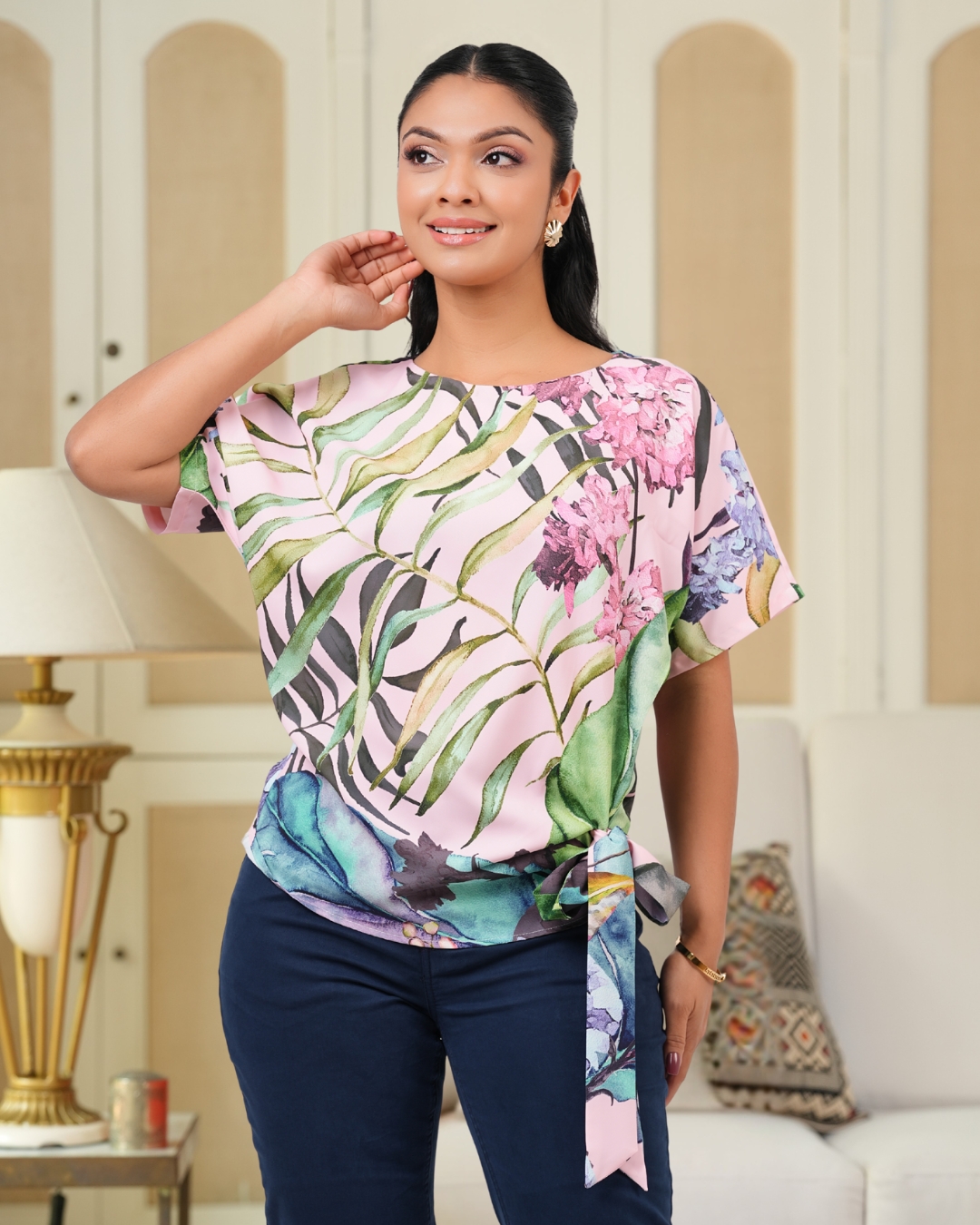 Brushstroke Patterned Tie-Up Detail Blouse - Image 3