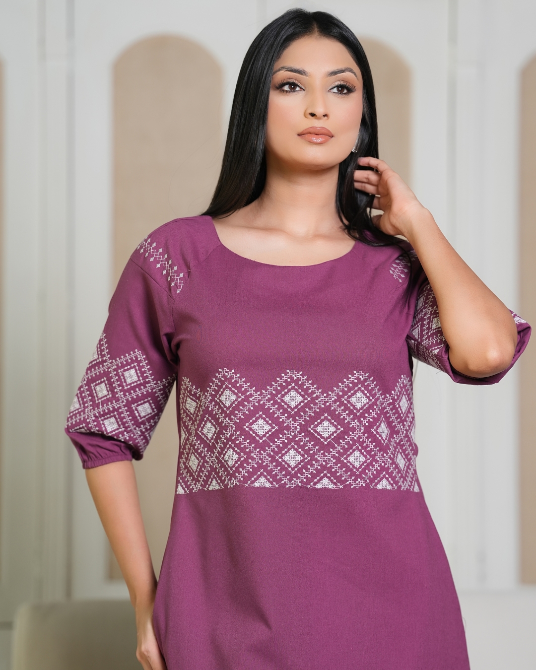 Geometric Embroidery Detail Short Dress