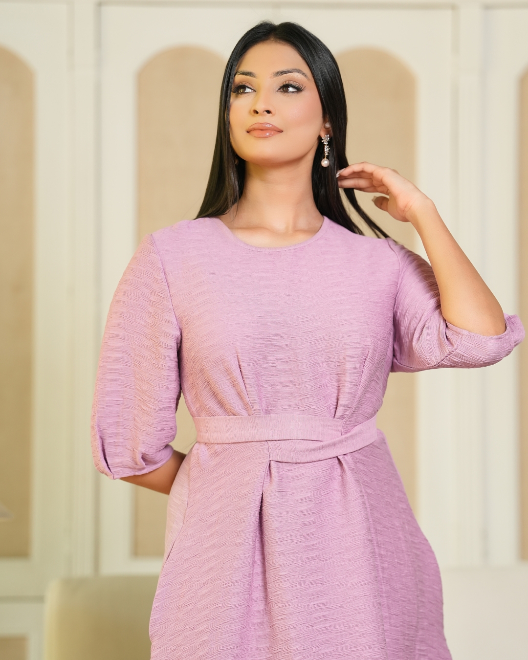 Puff Sleeve Belted Short Dress - Image 2