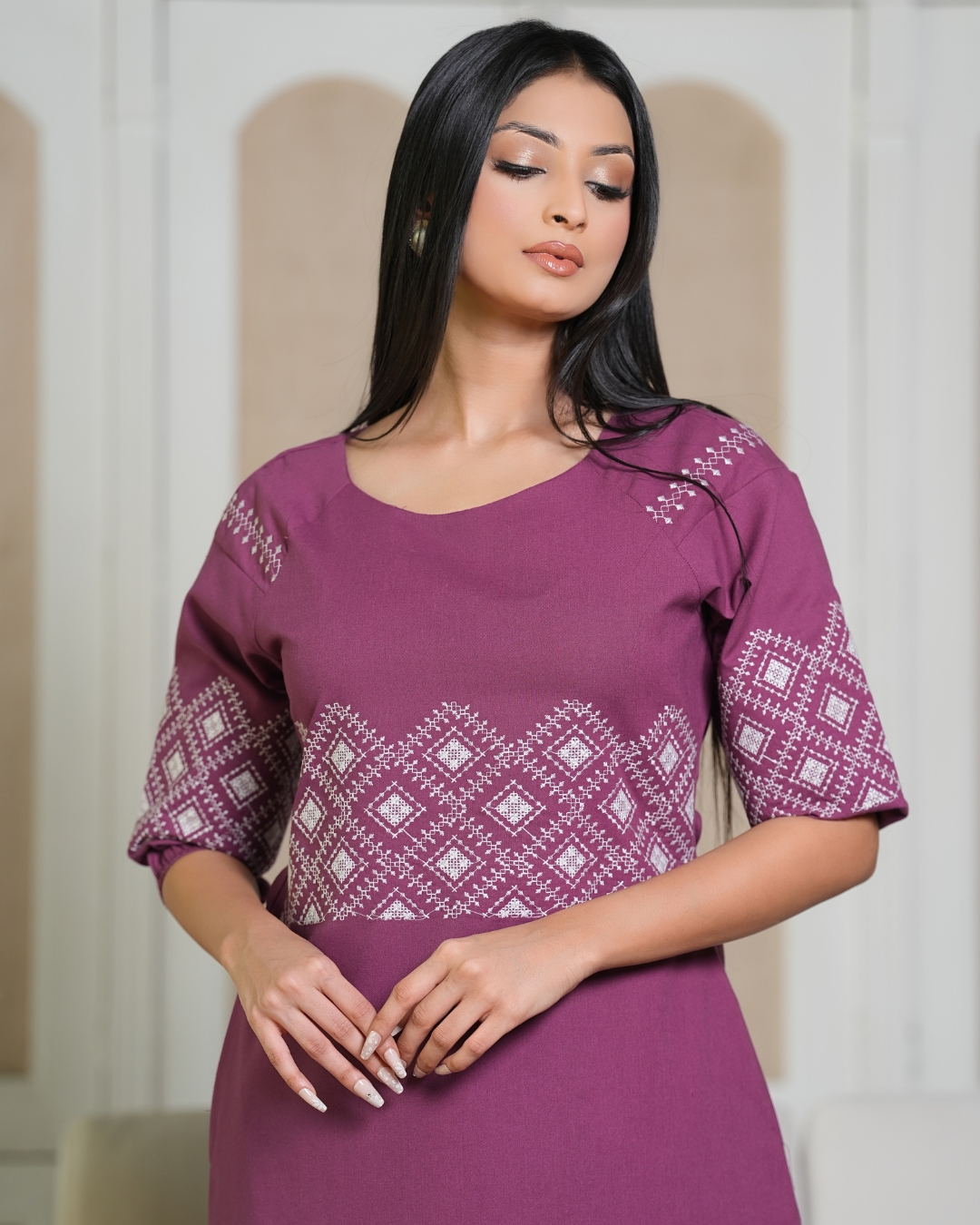 Geometric Embroidery Detail Short Dress - Image 2