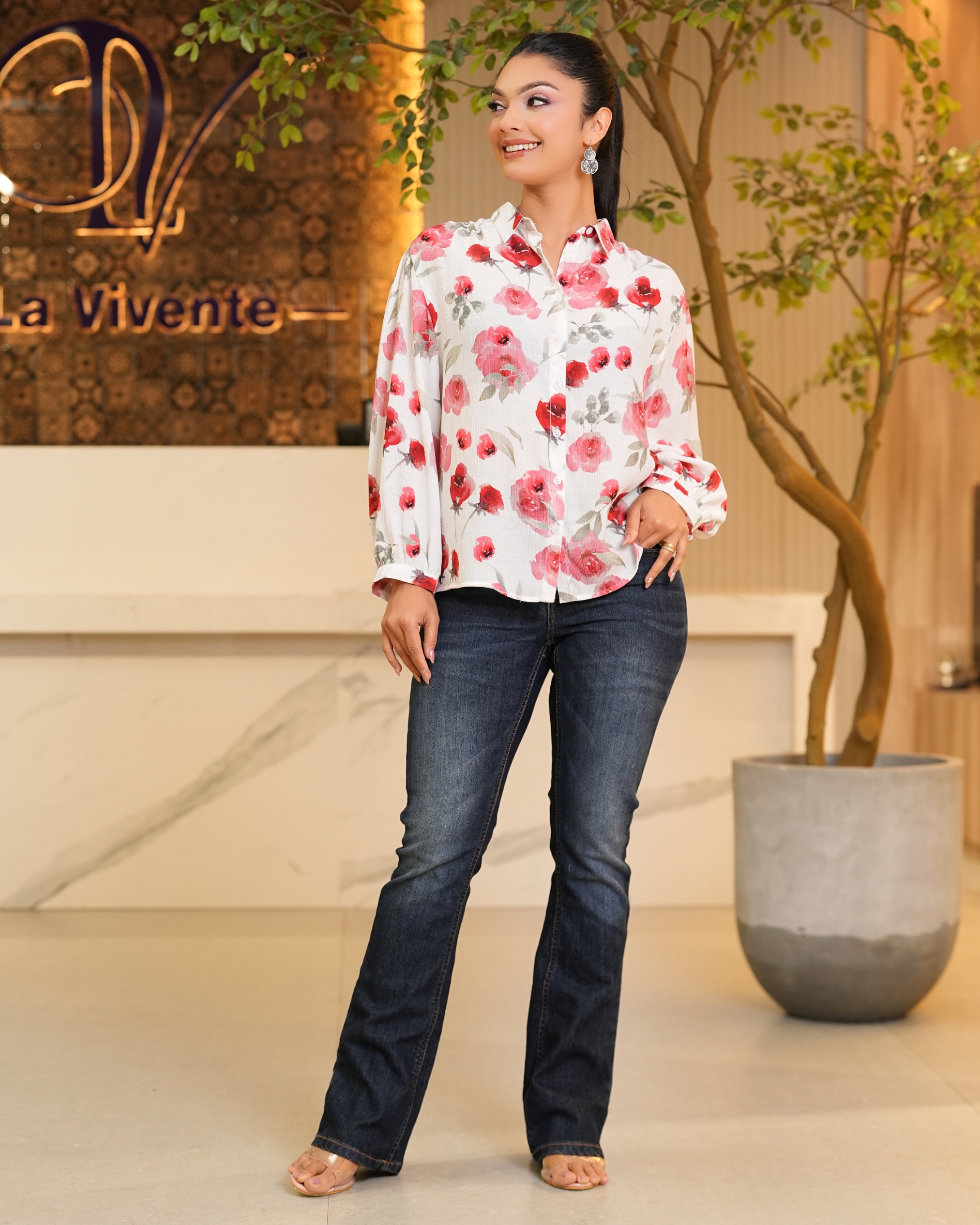 Rose Patterned Puff Sleeve Shirt Blouse - Image 4