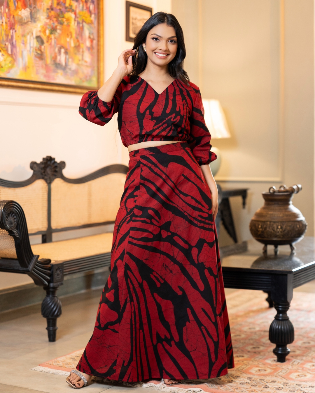 Abstract Batik Crop Top and Flare Maxi Skirt Set - Image 4