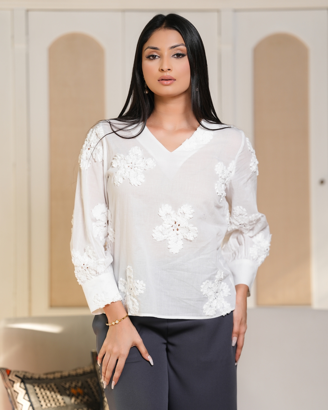 V-Neck Flower Embroidered Blouse - Image 3