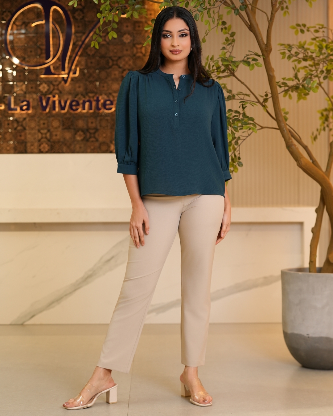 Puff Sleeve Half Button-Up Blouse - Image 4