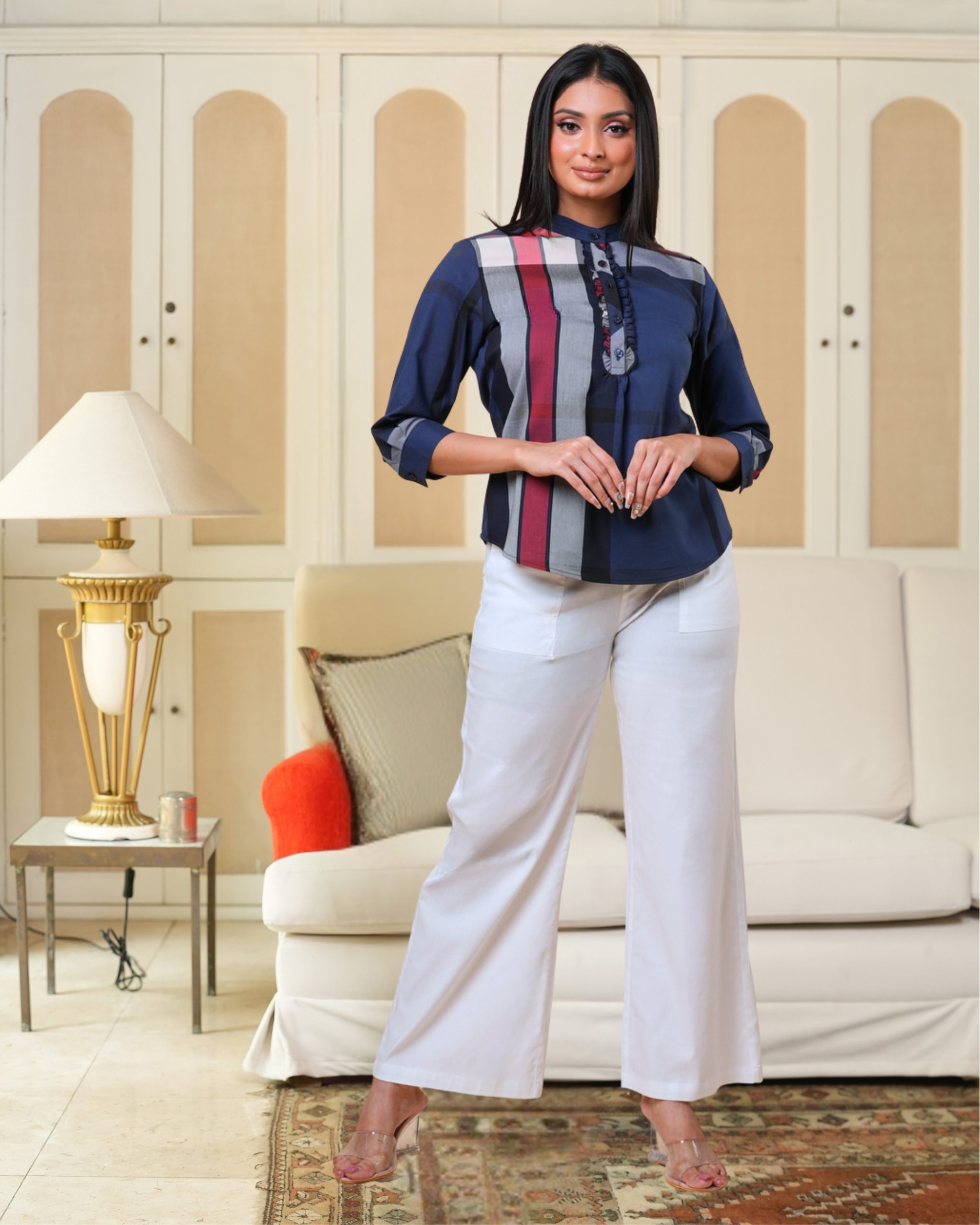 Check Pattern Frilled Placket Shirt Blouse - Image 3