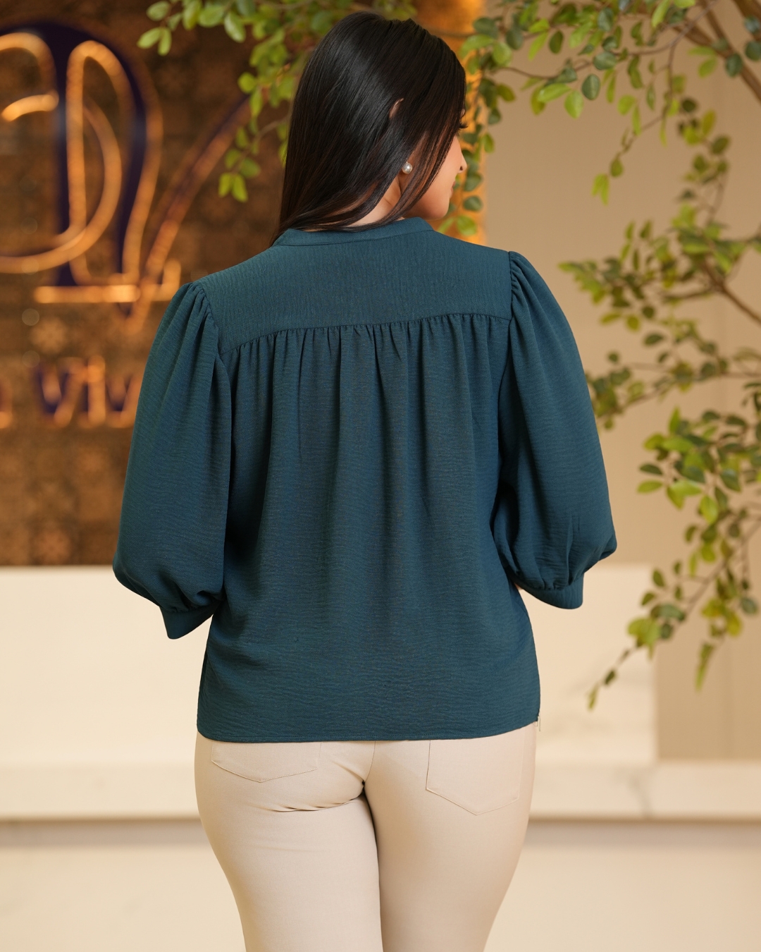 Puff Sleeve Half Button-Up Blouse - Image 5