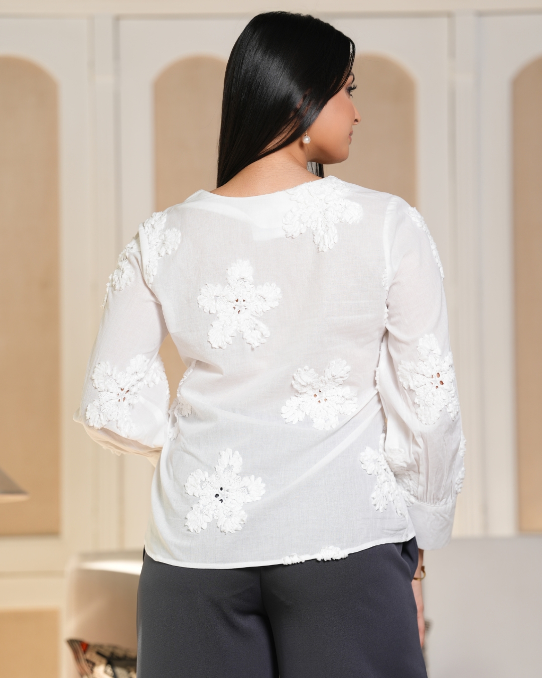 V-Neck Flower Embroidered Blouse - Image 4