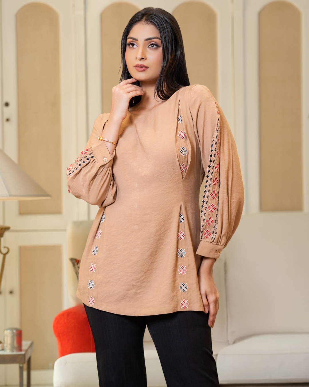 Fitted-Waist Blouse With Geometric Embroidery - Image 2